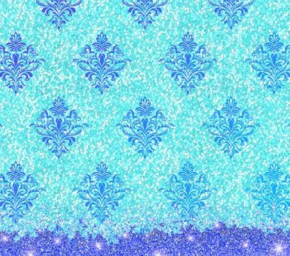 Damask blue floral pattern digital paper with glitters. Blue Luxury Wallpaper. Stock Illustration