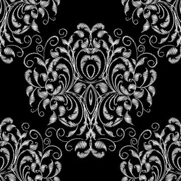 Damask embroidery floral seamless pattern. Black white grunge background. Stock Illustration