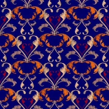 Damask floral embroidery seamless pattern. Vector background. Grunge texture. Stock Illustration