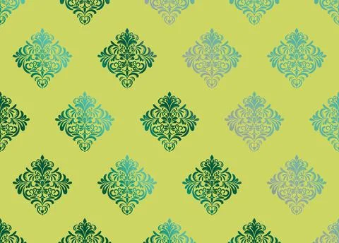 Damask floral motif gradient pattern on a neon lime green background. Stock Illustration