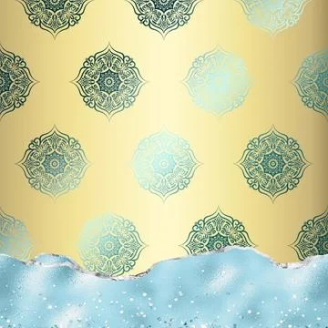 Damask floral motif gradient pattern on a gold background with blue marble Stock Illustration