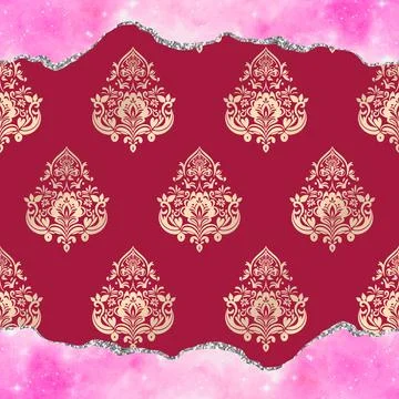 Damask floral motif pattern on a red background with pink marble glitter Stock Illustration