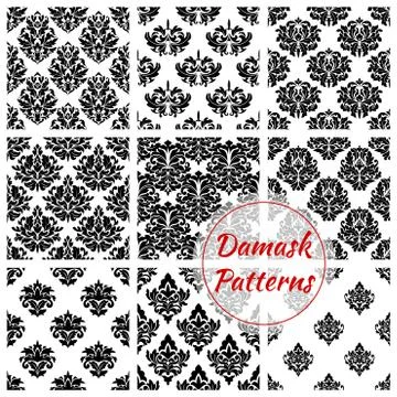 Damask floral ornate seamless patterns set 스톡 일러스트