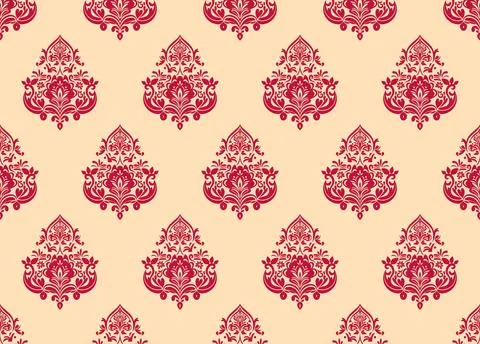 Damask floral red motif pattern on a light cream background. Stock Illustration