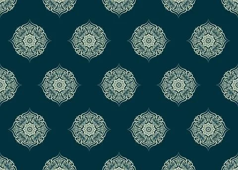 Damask floral round motif pattern on a indigo blue background. Stock Illustration