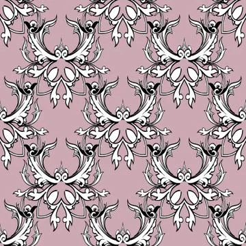 Damask floral seamless pattern. Light pink background wallpaper with black wh 스톡 일러스트