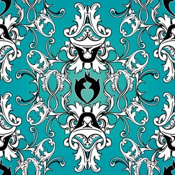 Damask floral seamless pattern. Light blue background wallpaper with black wh Illustrazione stock