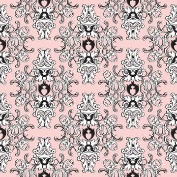 Damask floral seamless pattern. Light pink background wallpaper with black wh Stock Illustration