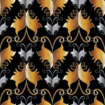 Damask floral vector seamless pattern. Black gold silver ornate background Stock Illustration