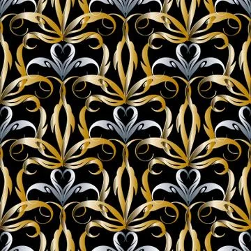 Damask gold silver 3d seamless pattern. Vector ornate patterned background. V Illustrazione stock