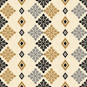 Damask ikat seamless pattern featuring decorative floral and diamond motifs Stock Illustration