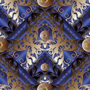 Damask modern seamless pattern. Dark blue 3d floral striped  background. Gold 스톡 일러스트