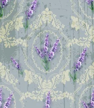 Damask ornament and lavender Vector pattern. Delicate floral decor watercolor Stock Illustration