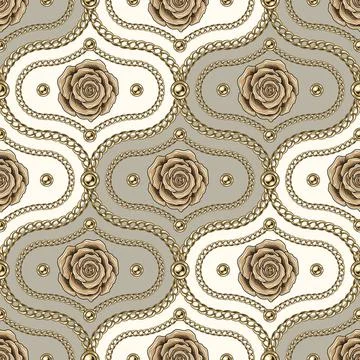 Damask pattern with gold chains, beads, roses. Stock Illustration