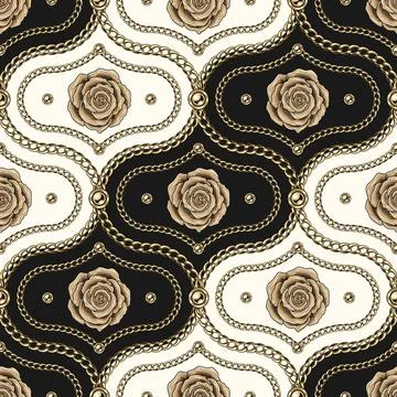 Damask pattern with gold chains, beads, roses. Stock Illustration