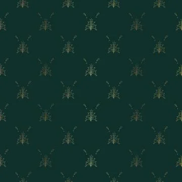 Damask pattern with golden element on dark green background. Vector seamles.. Stock Illustration