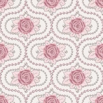 Damask pattern with with pale pink vintage roses, leaves, pearl strings, pear Stock Illustration