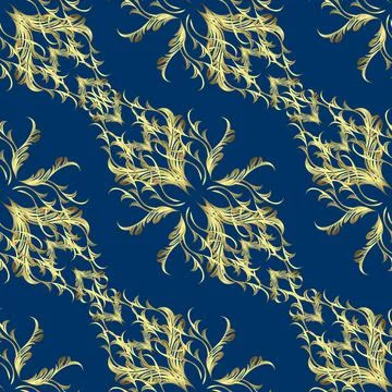 Damask pattern repeating background. Golden neutral, yellow and blue floral orna Stock Illustration