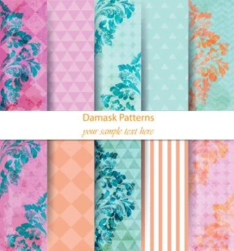 Damask patterns set collection Vector. Baroque ornament on modern abstract ba Stock Illustration