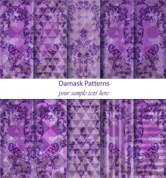 Damask patterns set collection Vector. Baroque ornament on modern abstract ba Stock Illustration