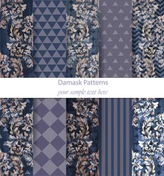 Damask patterns set collection Vector. Baroque ornament on modern abstract ba Stock Illustration