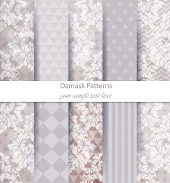 Damask patterns set collection Vector. Baroque ornament on modern abstract ba Stock Illustration