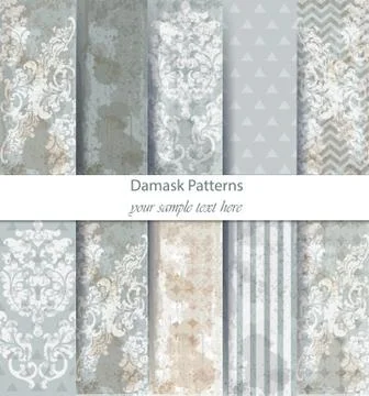 Damask patterns set collection Vector. Baroque ornament grunge background. Vi Illustrazione stock