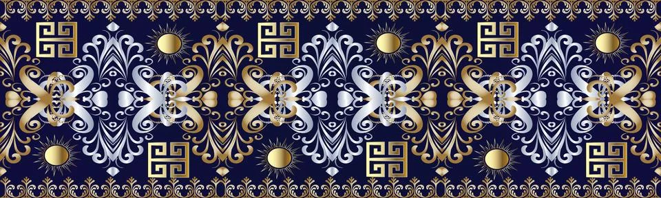 Damask seamless border pattern. Floral dark blue vector meander background. G 스톡 일러스트