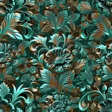 Damask seamless pattern. 3D steel seamless element with shadow and highlight. Illustrazione stock
