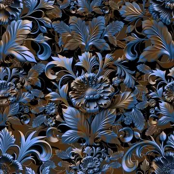 Damask seamless pattern. 3D steel seamless element with shadow and highlight. Stock Illustration