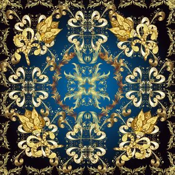 Damask seamless pattern for design. Vector seamless pattern on blue, yellow and 库存插图