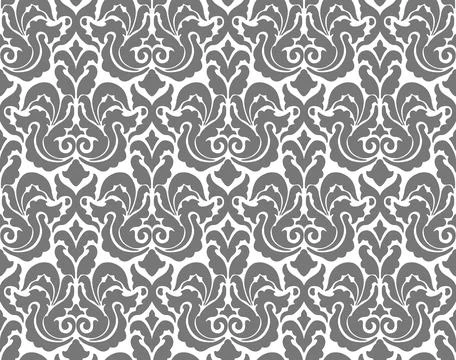 Damask seamless pattern. Gray damask pattern with symmetrical floral motifs for Illustrazione stock