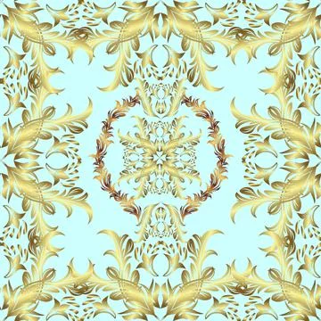 Damask seamless pattern repeating background. Golden element on yellow, brown an 스톡 일러스트
