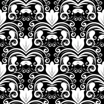 Damask seamless pattern. Vector black and white floral background with tulips Stockillustratie