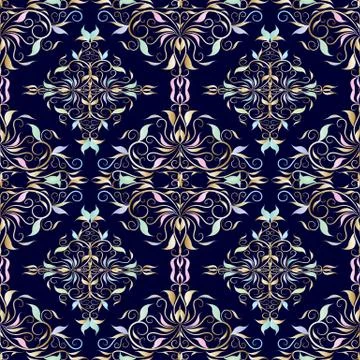Damask seamless pattern. Vector floral dark blue background with vintage  han 스톡 일러스트