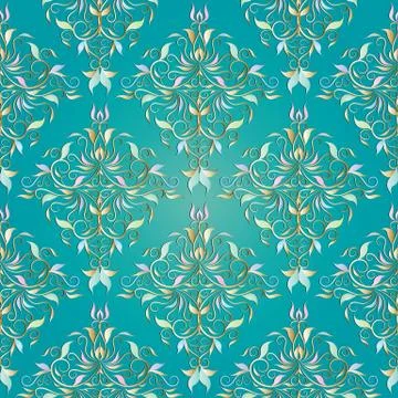 Damask seamless pattern. Vector floral light turquoise background with vintag Stock Illustration