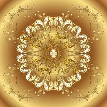 Damask seamless repeating pattern. Golden element on beige and brown colors. Ant Ilustração Stock