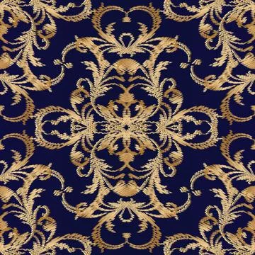 Damask vector embroidery seamless pattern. Dark blue ornate grunge background 스톡 일러스트