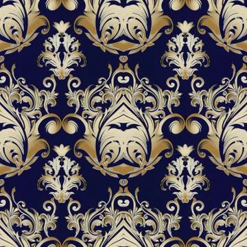 Damask vector seamless pattern. Blue floral baroque background. Flourish wall 스톡 일러스트