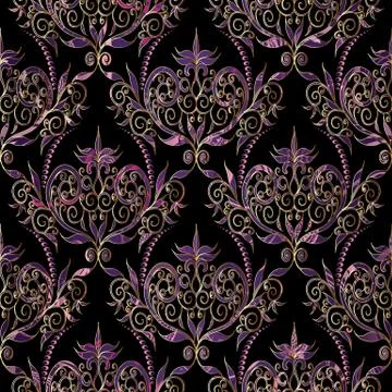 Damask vector seamless pattern. Floral black violet gold backgro イラスト素材