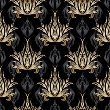 Damask vector seamless pattern. Gold Baroque wallpaper. Black floral backgrou Stock Illustration