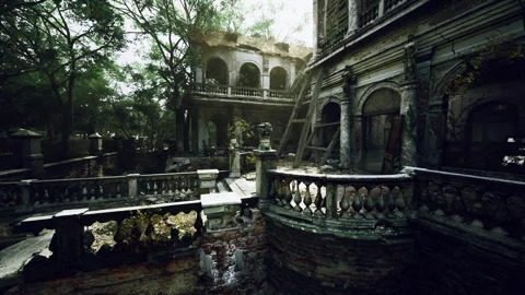 Damp courtyard illuminated by shadowed light and distant columns Stock Footage 341568472