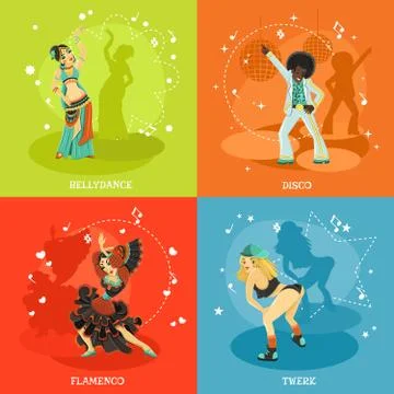 Dance 4 Flat Shadow Icons Square Stock Illustration