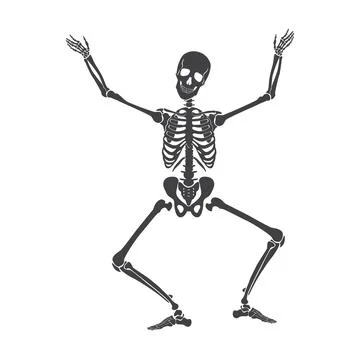 Dance of black human skeleton, dead bone character crouching with hands up in Stock Illustration