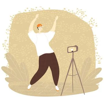 Dance challenge. Guy is dancing and recording video on the camera. Stock Illustration