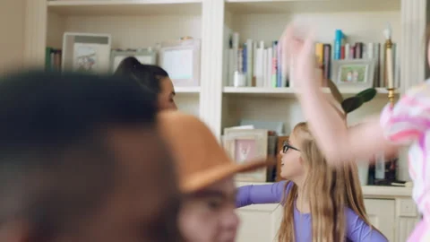 Dance, child and holding hands with babysitter in house, fun and celebration for Stock Footage 335940175