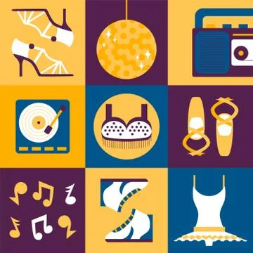 Dance clothes and accessories in flat style collage, set of icons and stickers Stock Illustration
