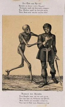 The dance of death at Basel: death and the herald. Lithograph by G. Danzer .. Stock Illustration