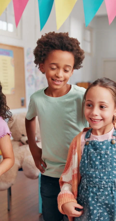 Dance, development and education with kids in classroom at school together for Stock Footage 307997205