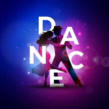 Dance Illustration with Tango Dancing Couple and White Letter on Colorful Stock Illustration